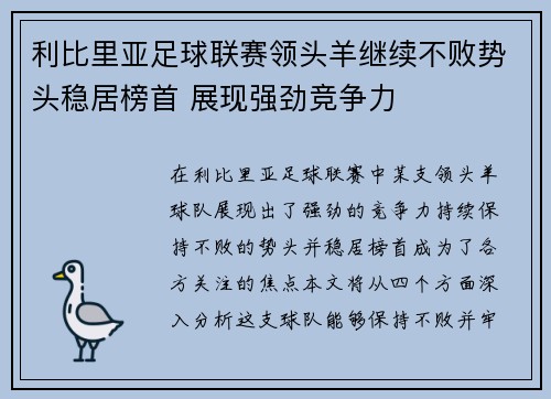 利比里亚足球联赛领头羊继续不败势头稳居榜首 展现强劲竞争力