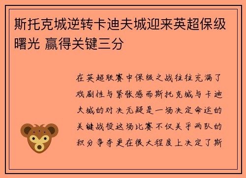 斯托克城逆转卡迪夫城迎来英超保级曙光 赢得关键三分