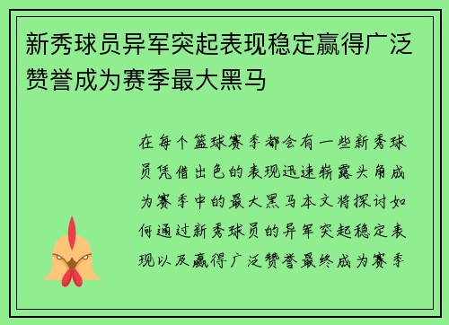 新秀球员异军突起表现稳定赢得广泛赞誉成为赛季最大黑马