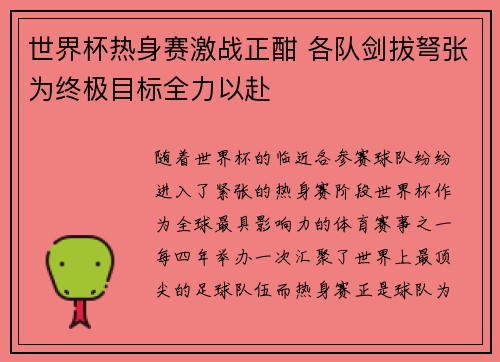 世界杯热身赛激战正酣 各队剑拔弩张为终极目标全力以赴