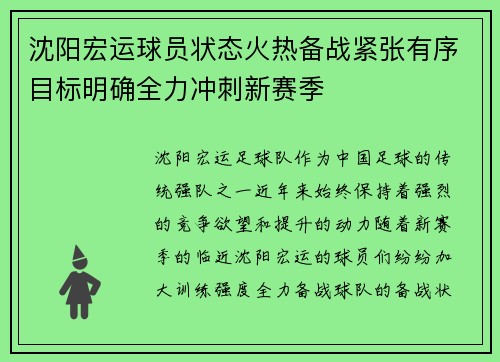 沈阳宏运球员状态火热备战紧张有序目标明确全力冲刺新赛季