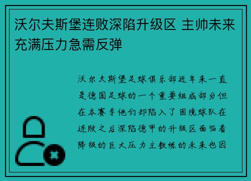 沃尔夫斯堡连败深陷升级区 主帅未来充满压力急需反弹