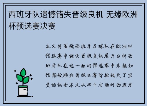 西班牙队遗憾错失晋级良机 无缘欧洲杯预选赛决赛