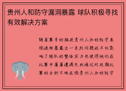 贵州人和防守漏洞暴露 球队积极寻找有效解决方案