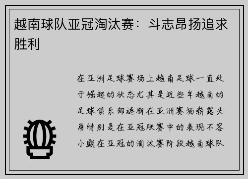 越南球队亚冠淘汰赛：斗志昂扬追求胜利