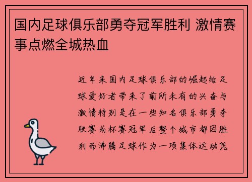国内足球俱乐部勇夺冠军胜利 激情赛事点燃全城热血