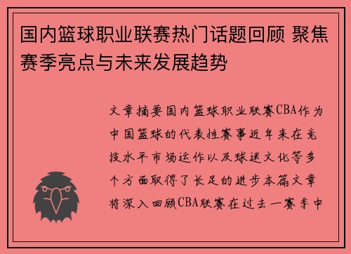 国内篮球职业联赛热门话题回顾 聚焦赛季亮点与未来发展趋势